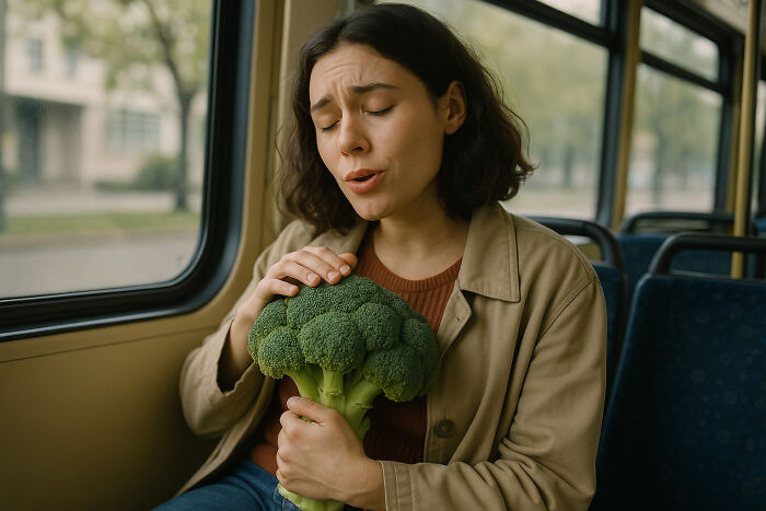 Young woman on public transport holding broccoli with eyes closed, expressing intense emotion and surreal experience.
