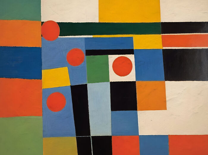 Abstract geometric painting with colorful rectangles and red circles showcasing kids' creative freedom in art teachers online highlights.