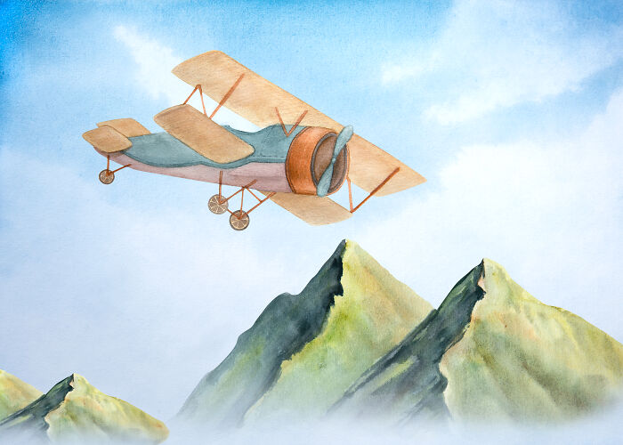 Watercolor painting of a vintage airplane flying over mountains, showcasing kids' creative freedom in art teachers online.