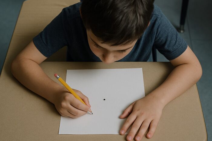 Child drawing on paper with pencil showing creative freedom in an art class setting for art teachers online.