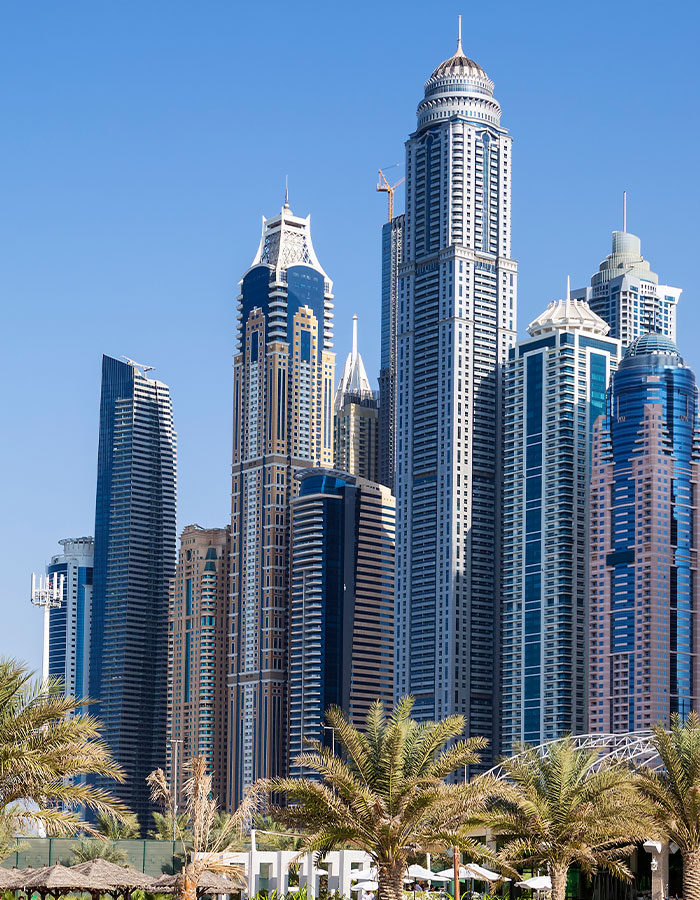 Dubai skyline with towering skyscrapers and palm trees, related to model found with broken bones case in Dubai.