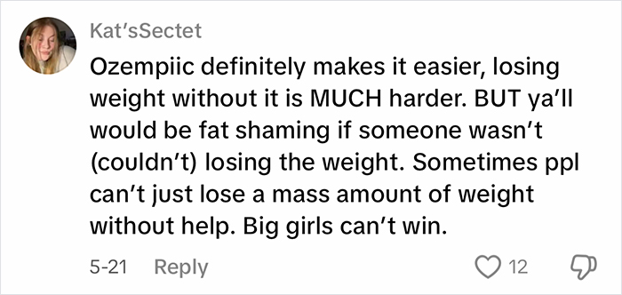 Comment discussing Ozempic making weight loss easier and challenges of losing weight without it, with views on fat shaming. Comment discussing Ozempic making weight loss easier and challenges of losing weight without it, with views on fat shaming.
