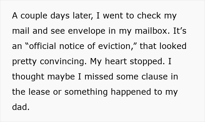 Text about receiving an official notice of eviction in mailbox causing panic after a harmless prank on girlfriend&rsquo;s sister.