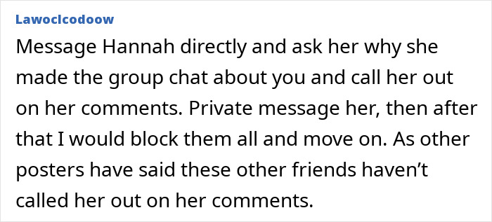 Alt text: Text comment advising to message Hannah and address issues in a friendship of 10 years on the rocks.