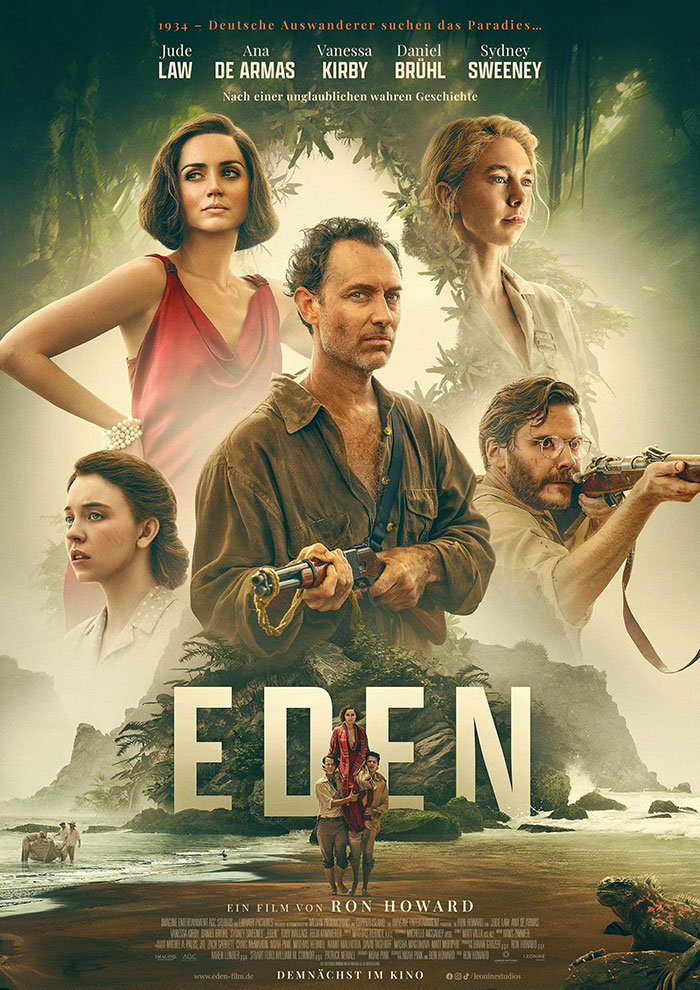Sydney Sweeney with dramatic makeover in survival thriller Eden, portrayed alongside cast in a jungle setting.