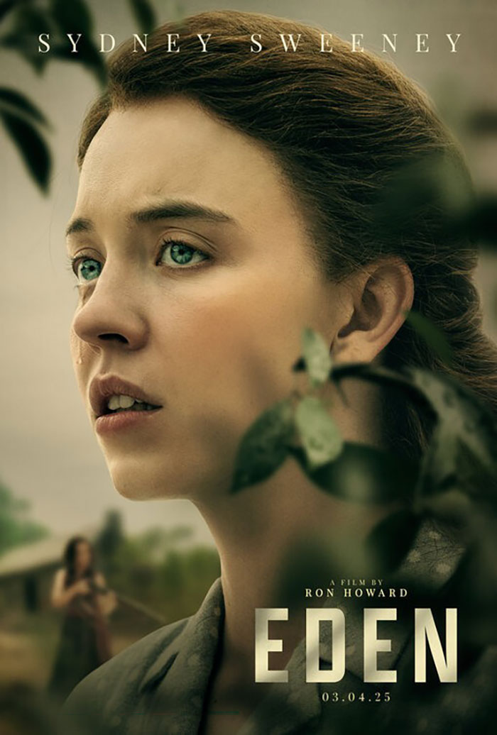 Sydney Sweeney close-up in dramatic survival thriller Eden movie poster with blurred nature background.