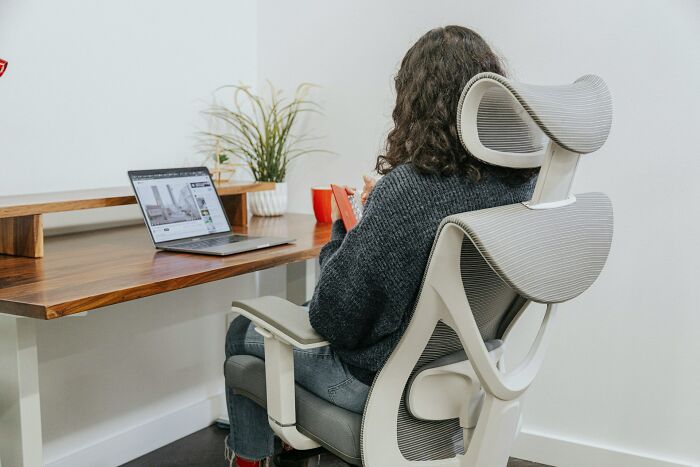 Person sitting on ergonomic chair using laptop at wooden desk with plant and red mug, showcasing everyday items under $300.