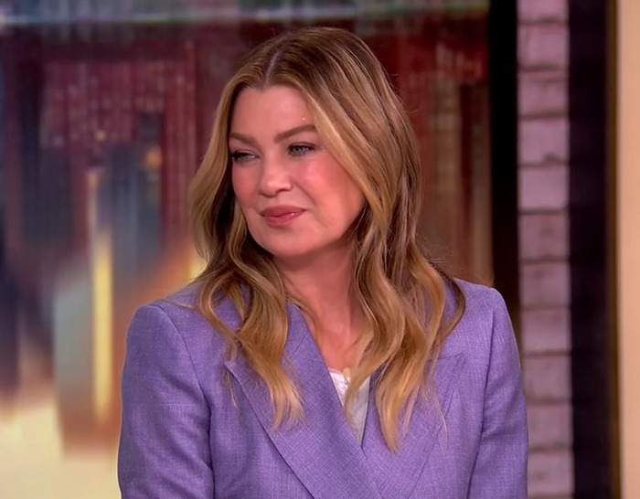 Ellen Pompeo in a lavender blazer during an interview, relating to TSA and explosives squad airport incident.