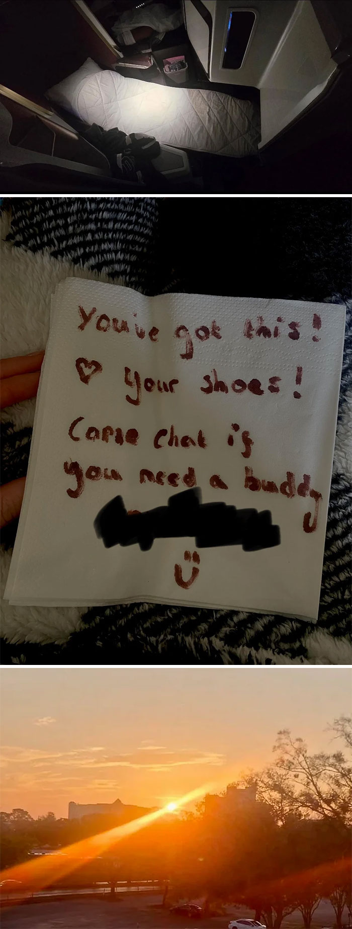 Plane seat ready for flight, encouraging note offering support for fear of flying, and a bright sunrise view.