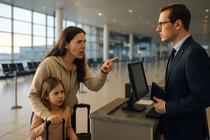 Entitled mother insists on paying for an upgrade while arguing with airline staff at airport check-in counter.