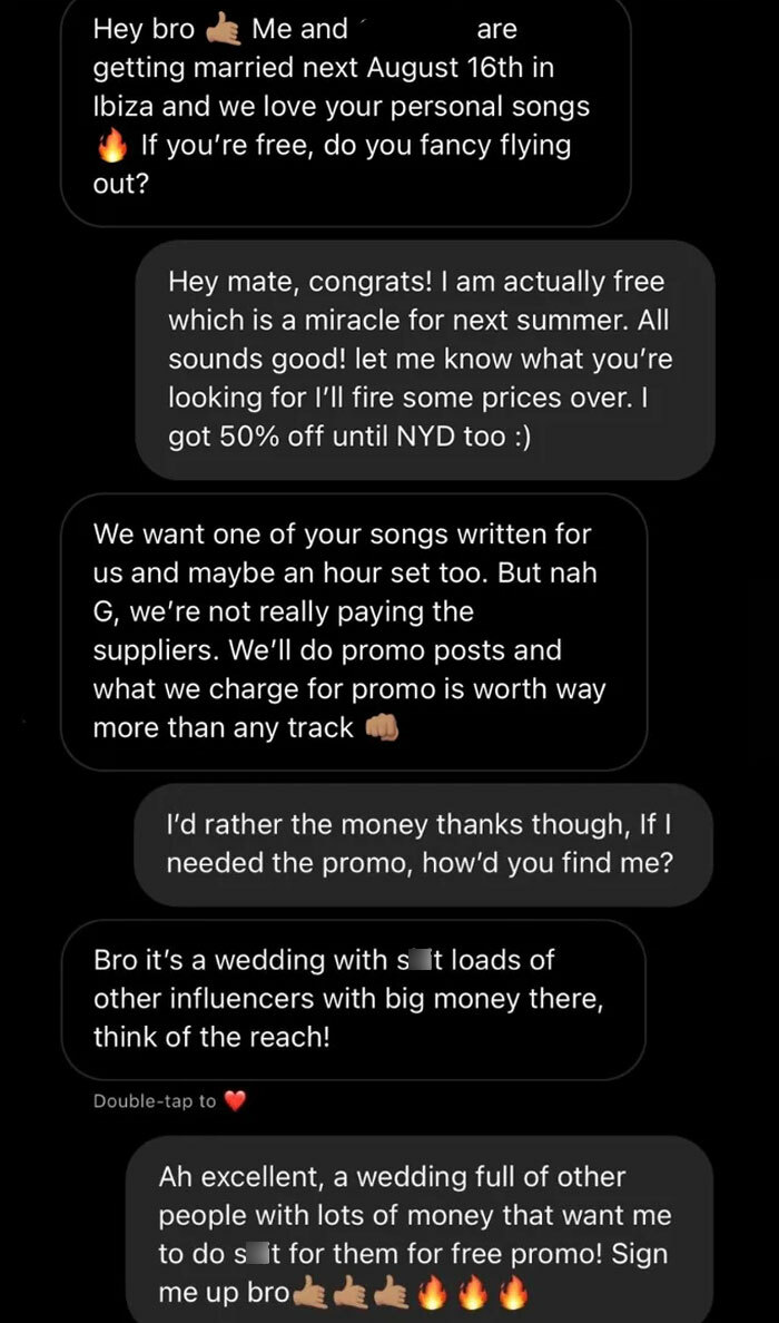 Text message exchange showing entitlement as someone expects free music and promotion at a wedding with influencers, illustrating cosmic entitlement.