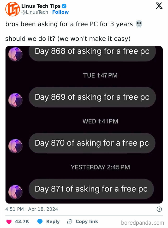 Text conversation showing persistence in asking for a free PC daily, illustrating entitlement in online requests.