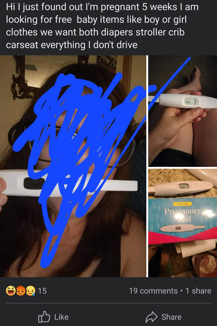 Person holding positive pregnancy tests with caption asking for free baby items showing entitlement levels.