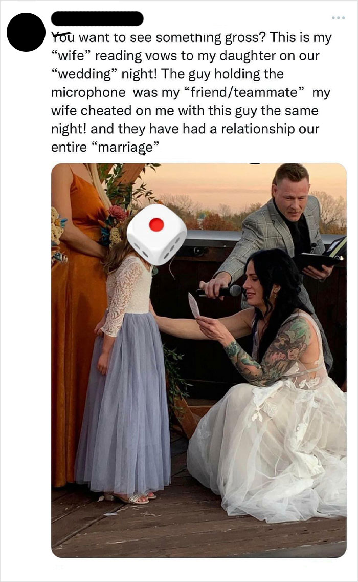 Bride with tattoos reading vows to a child at a wedding ceremony, illustrating traumatizing the next generation.