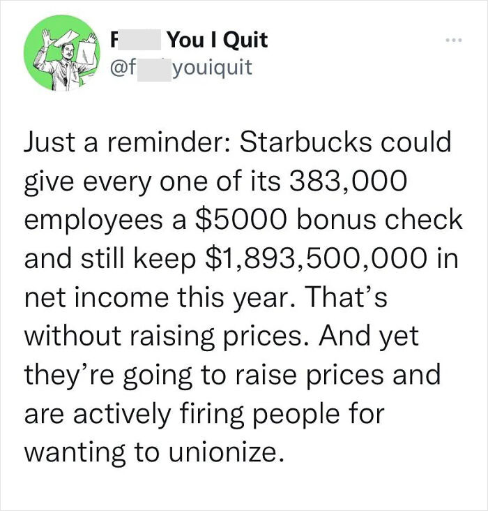 Tweet highlighting Starbucks' profits, employee bonuses, price hikes, and firing workers seeking to unionize, showing generational trauma.