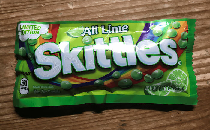 Limited edition All Lime Skittles candy pack, a beloved food that many missed when it disappeared from shelves.