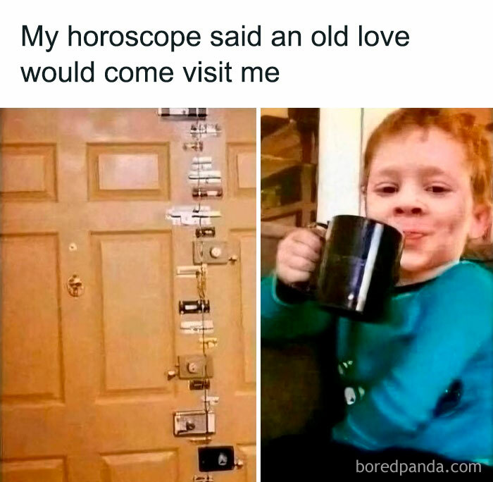 Child in blue shirt smirking while holding a mug next to a door with excessive locks showing exhausting relationship humor.