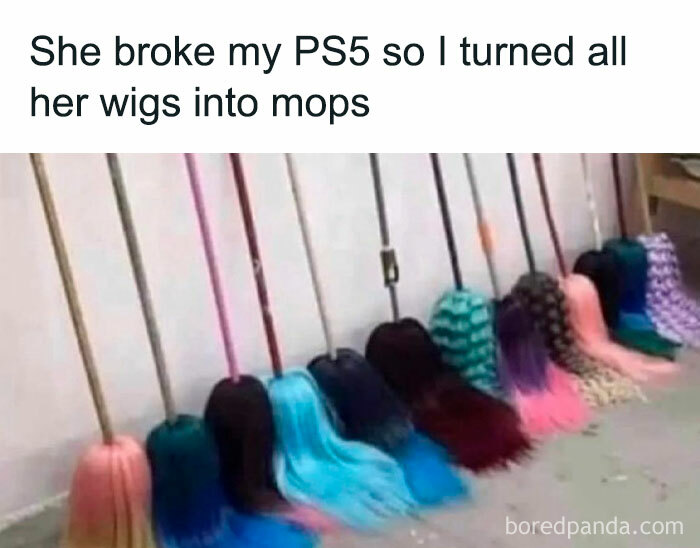 Colorful mops made from wigs, illustrating how relationships can be exhausting and creatively frustrating at times.