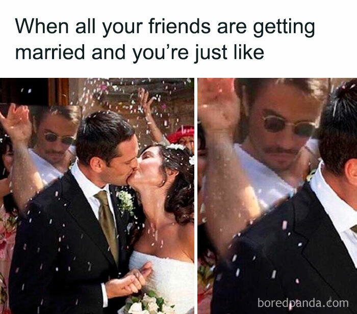 Man at a wedding throwing confetti with a tired expression, illustrating how relationships can be exhausting sometimes.