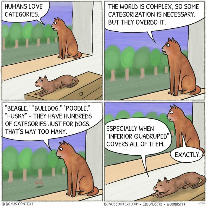 Philosophical comic with cats discussing how humans overdo categorization of dogs and life complexities.