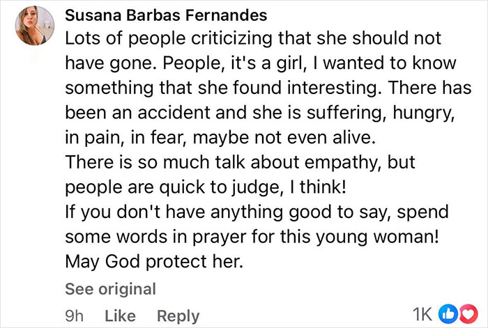 Comment discussing empathy for a female tourist abandoned by guide during Indonesian volcano hike, mentioning her suffering and prayers needed.