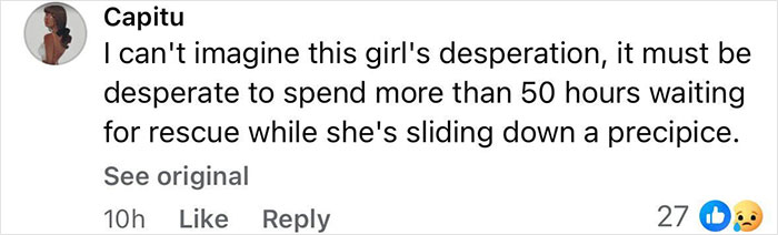 Comment from Capitu expressing empathy for female tourist abandoned by guide during Indonesian volcano hike, facing a desperate rescue wait.