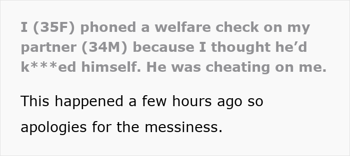 Text message from a worried girlfriend making a welfare check call after suspecting her mentally unstable boyfriend was cheating.