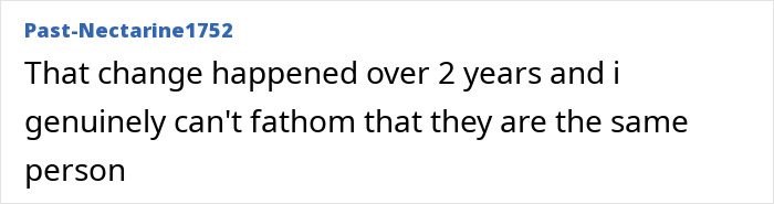 Text comment on a forum expressing disbelief about someone's appearance change over two years, mentioning entirely visible ribcage.