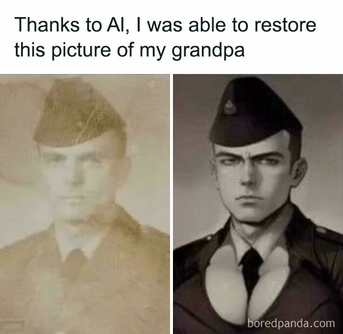 Restored vintage military photo humorously exaggerated, illustrating internet lies with hilariously absurd AI-enhanced image.