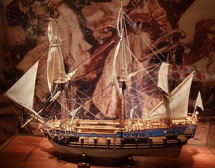 Detailed model of historical sailing ship with sails and rigging, illustrating common historical knowledge facts debunked.
