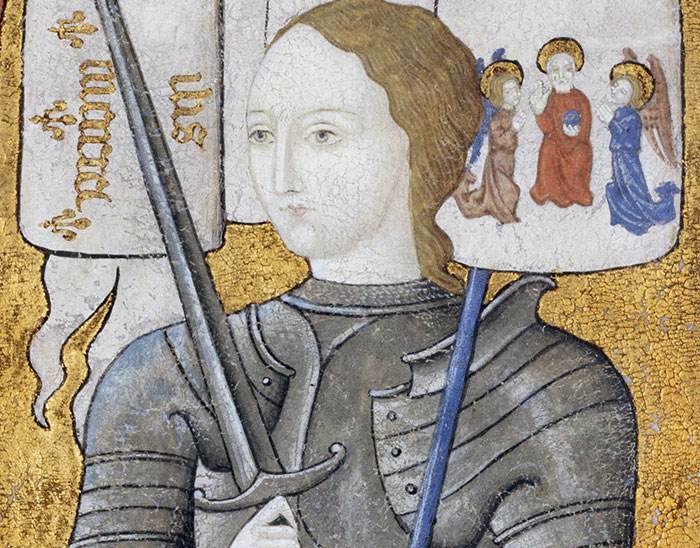 Medieval knight holding a sword and banner in a historical painting illustrating common historical knowledge.