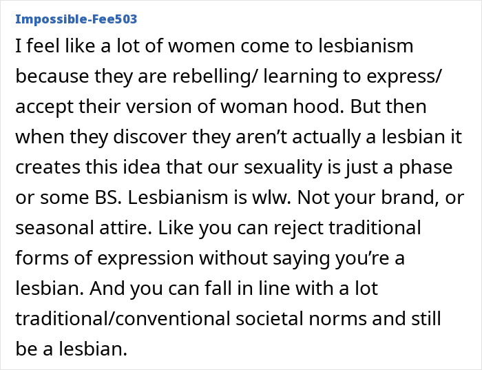 Text post discussing the complexity of lesbian identity and sexuality as a phase or societal norm topic.