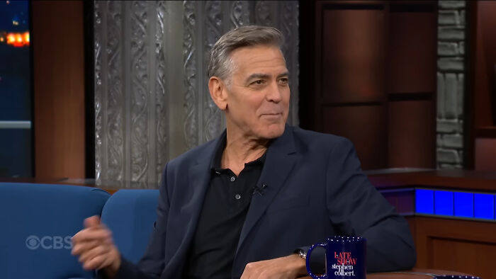 Actor George Clooney on a late night talk show discussing Hollywood hypocrisy and aging in men and women.