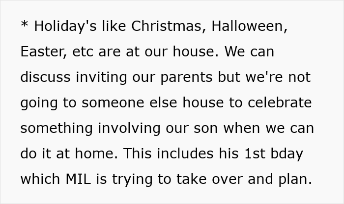 Text discussing holiday celebrations at home and conflict over one&rsquo;s mother-in-law planning the son&rsquo;s first birthday.