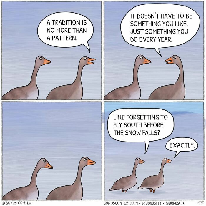 Two geese discuss tradition as a pattern and its significance in a philosophical comic about life perspectives.