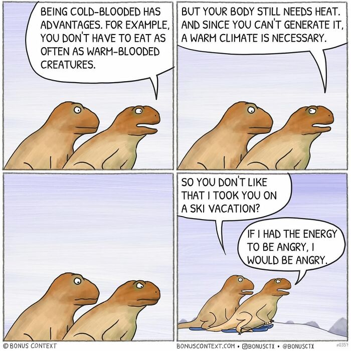 Two lizards discuss the challenges of being cold-blooded in a philosophical comic by an artist.