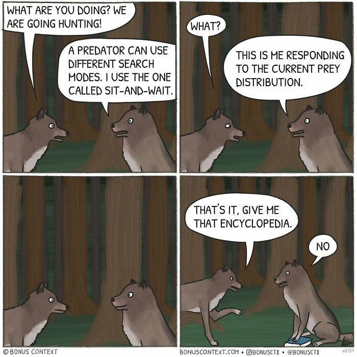 Comic with two wolves discussing hunting strategies, illustrating philosophical comics that make you look at life differently.