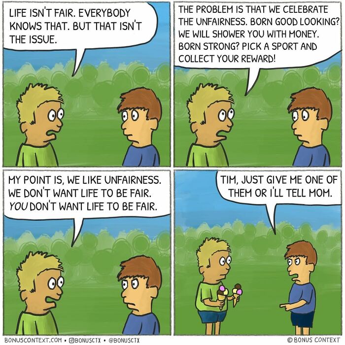 Philosophical comic panels showing two boys discussing fairness and unfairness in life with ice cream outdoors.