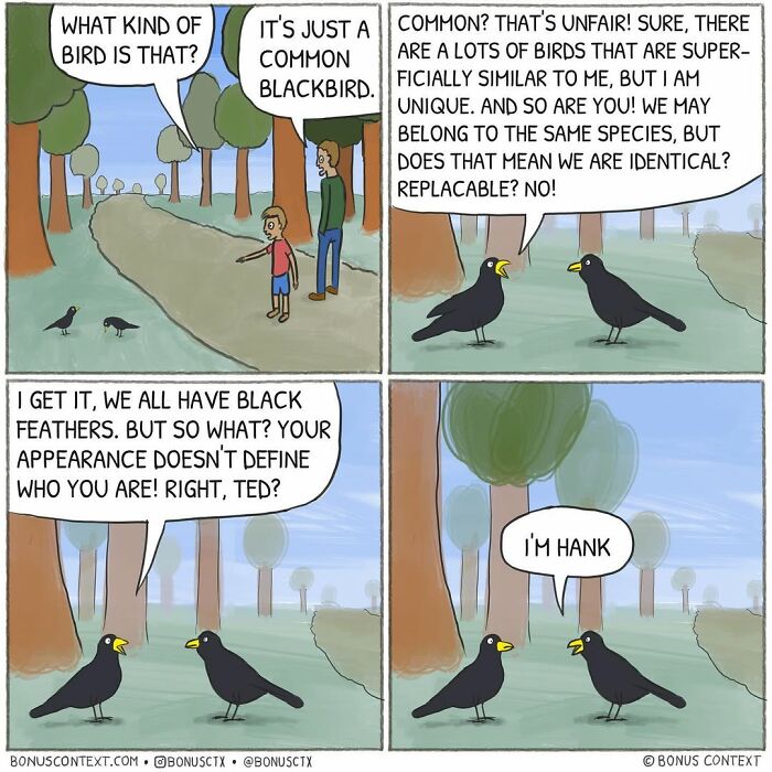 Comic of two blackbirds discussing identity and uniqueness, illustrating philosophical comics that make you think differently about life.