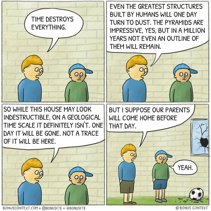 Philosophical comic showing two boys discussing the impermanence of human structures and time’s impact on life.