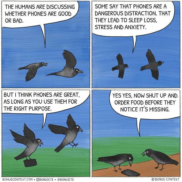 Cartoon of philosophical comics showing birds discussing phones and their impact on life and distraction.