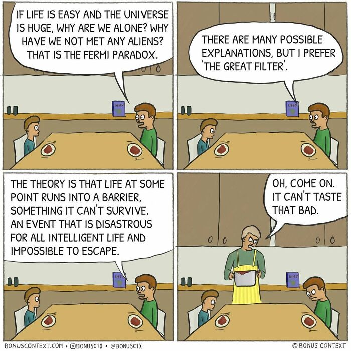 Philosophical comics discussing the Fermi paradox and life’s barriers with humor at a dining table conversation.