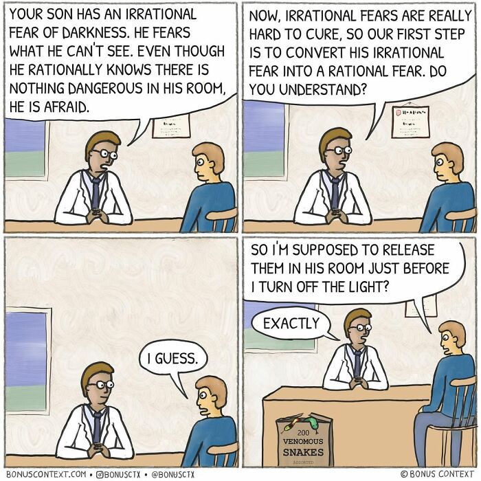 Artist creates philosophical comic showing a doctor advising a parent on irrational fear in a unique, thought-provoking way.