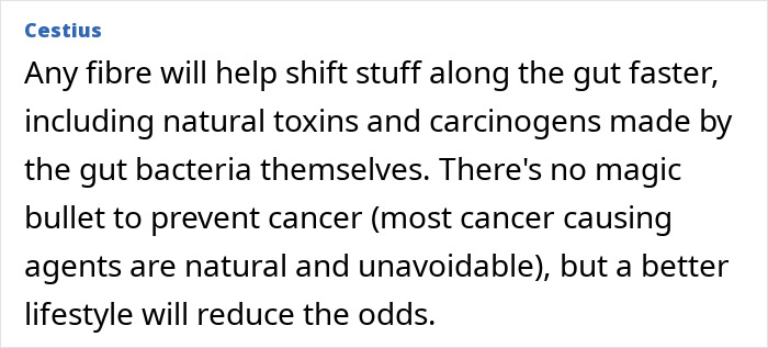 Text excerpt explaining how fiber helps the body eliminate cancer-causing agents and toxins faster through the gut.
