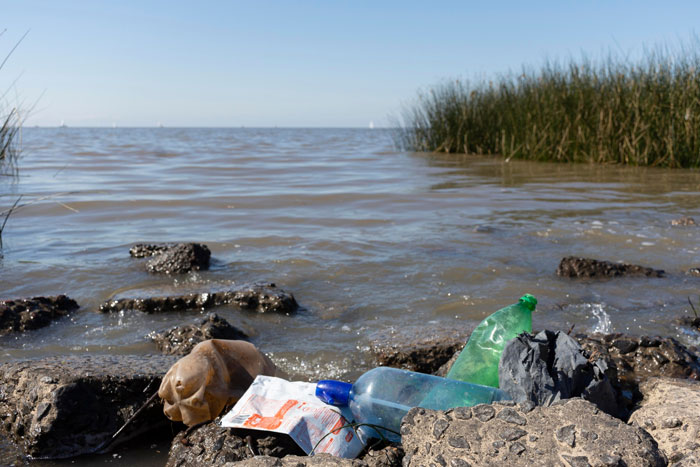 Plastic waste on lake shore with water in the background, highlighting pollution and forever chemicals impact on body health.