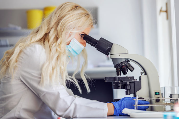 Scientist wearing mask and gloves examining samples under microscope in lab studying fiber effects on chemicals.