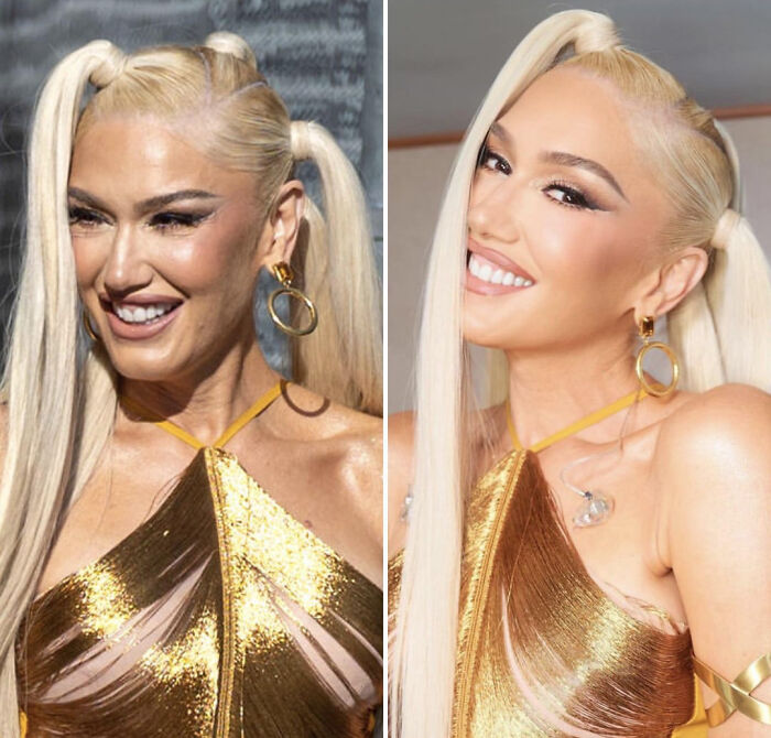 Before-and-after celebrity Photoshop edits showing dramatic changes in appearance with gold outfit and blonde hair.