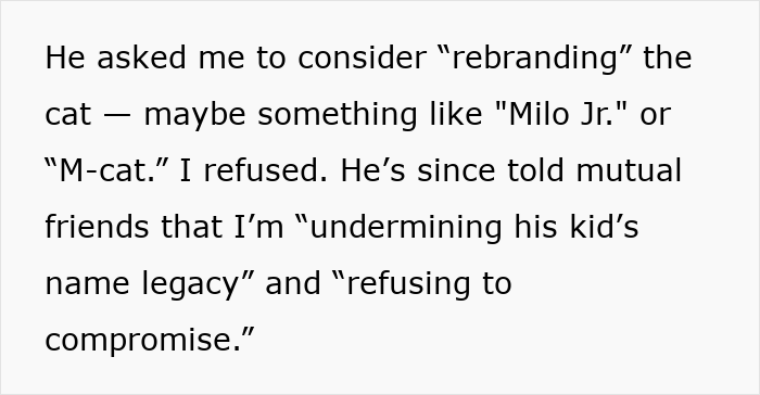Text excerpt about a friend claiming the cat’s name affects the newborn’s name legacy and refusing to compromise. Text excerpt about a friend claiming the cat’s name affects the newborn’s name legacy and refusing to compromise.