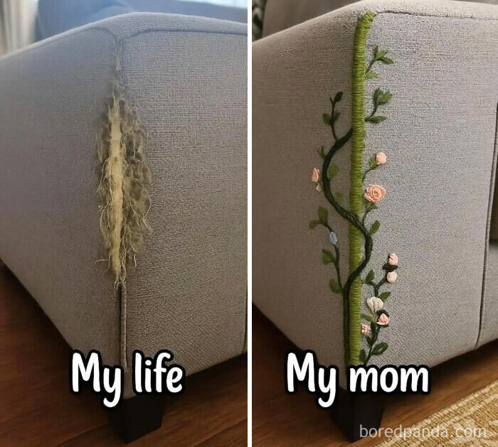 Before and after photos of a damaged couch corner repaired with colorful embroidery, showcasing funniest memes creativity.