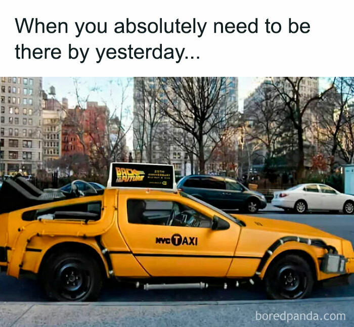 Yellow NYC taxi modified like a time-travel DeLorean car, humorously capturing funniest memes theme.